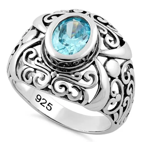 Ladies emerald engagement ring-Sterling Silver Bali Aqua CZ Ring