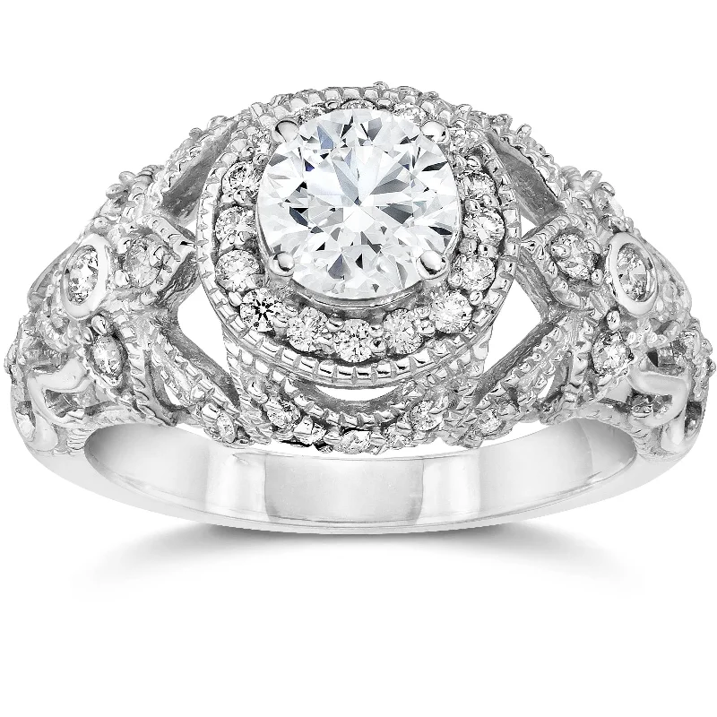 Ladies diamond engagement ring with matching band-Emery 1 Ct Vintage Halo Antique Diamond Engagement White Gold