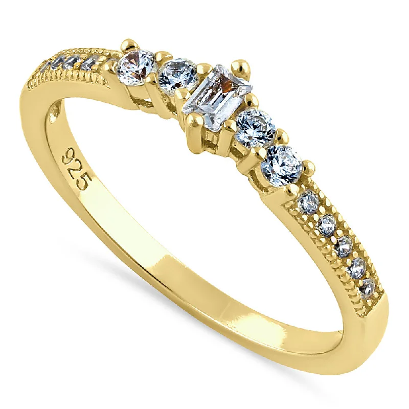 Ladies trendy ring-Sterling Silver Yellow Gold Emerald Cut CZ Ring