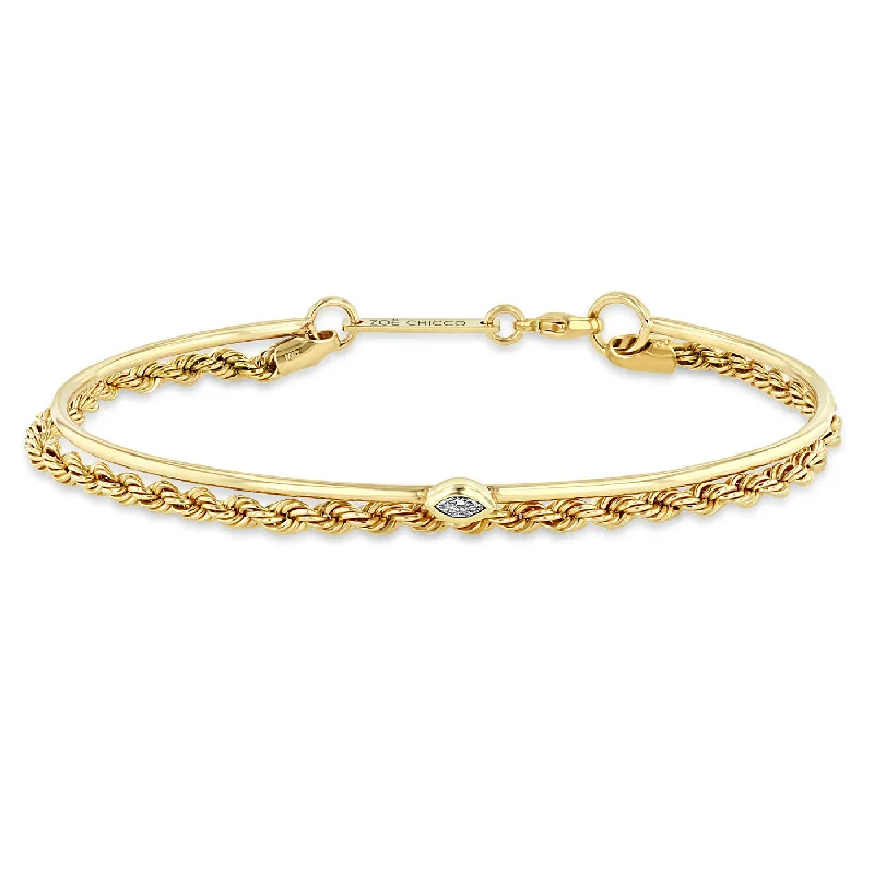 Ladies gold bangle-Zoe Chicco | Double Rope Chain and Open Cuff Bracelet with Marquise Diamond