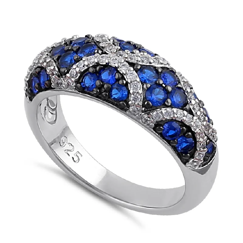 Ladies birthstone ring-Sterling Silver Elegant Blue Spinel and Clear CZ Pave Ring