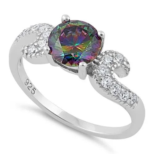 Ladies diamond wedding ring-Sterling Silver Round Rainbow Topaz CZ Ring