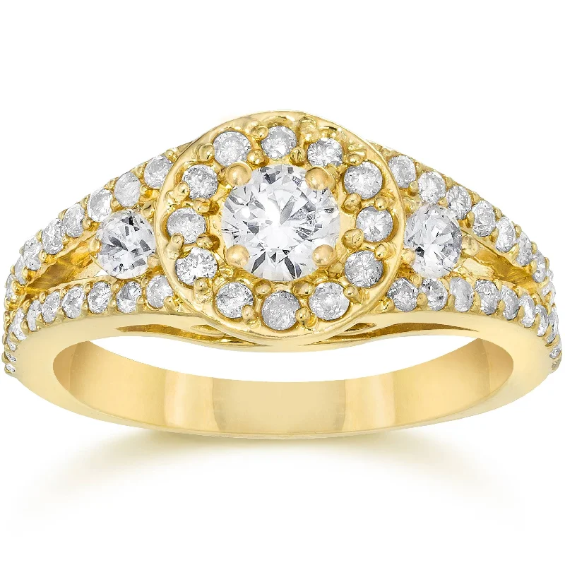 Ladies elegant platinum engagement ring-5/8Ct Split Shank Real Diamond Halo Engagement Ring 14 Karat Yellow Gold