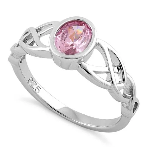 Ladies infinity ring-Sterling Silver Oval Pink CZ Celtic Ring