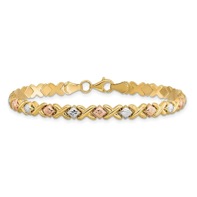 Ladies crystal bracelet-Curata 10k Tri color Gold 7" Diamond Cut XO Stampato Bracelet