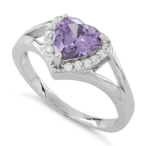 Ladies gold engagement ring-Sterling Silver Heart Shape Amethyst CZ Ring