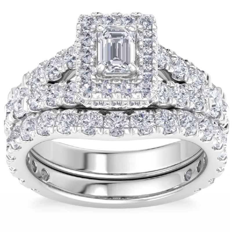 Ladies engagement ring with side stones-4Ct TW Emerald Cut Halo Diamond Engagement Wedding Ring Set Lab Grown Gold