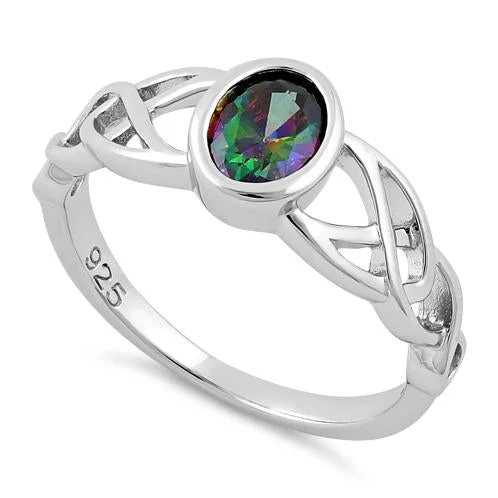 Ladies platinum engagement ring-Sterling Silver Oval Rainbow Topaz CZ Celtic Ring