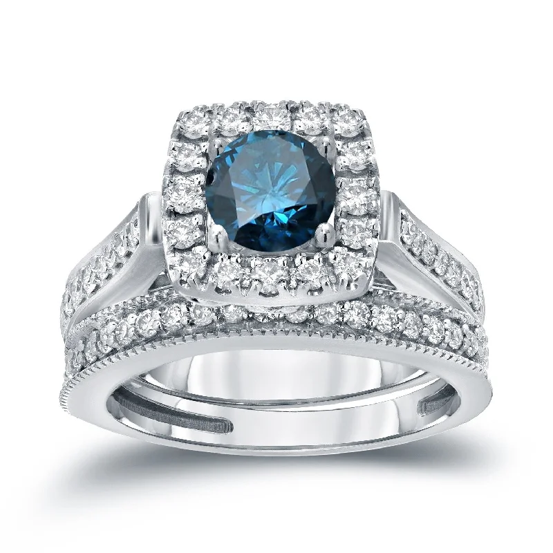 Ladies custom engagement ring-Auriya 1ctw Round Halo Blue Diamond Engagement Ring Set 14k Gold