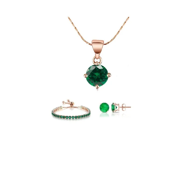 Ladies gold bracelet-10K Rose Gold 7 Ct Round Created Emerald Necklace Earrings Bracelet Set