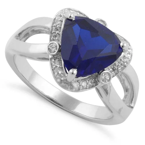 Ladies princess-cut ring-Sterling Silver Blue Sapphire Trillion Cut Halo CZ Ring