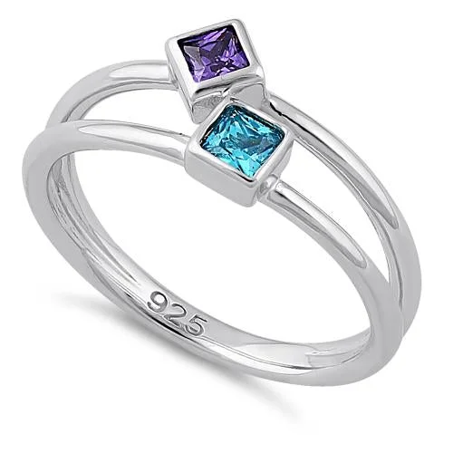 Ladies ring with diamonds-Sterling Silver Double Princess Cut Amethyst & Blue Topaz CZ Ring