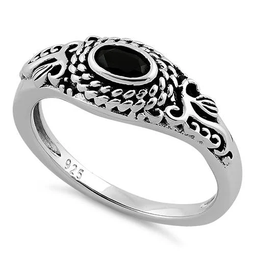 Ladies ring with diamonds-Sterling Silver Rope Black CZ Ring