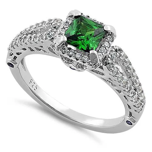 Ladies gold signet ring-Sterling Silver Lavish Princess Cut Emerald CZ Ring