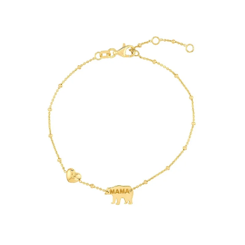 Ladies gold chain bracelet-Curata 14k Yellow Gold 7.25" Mama Bear and Puffed Heart Adjustable Bracelet