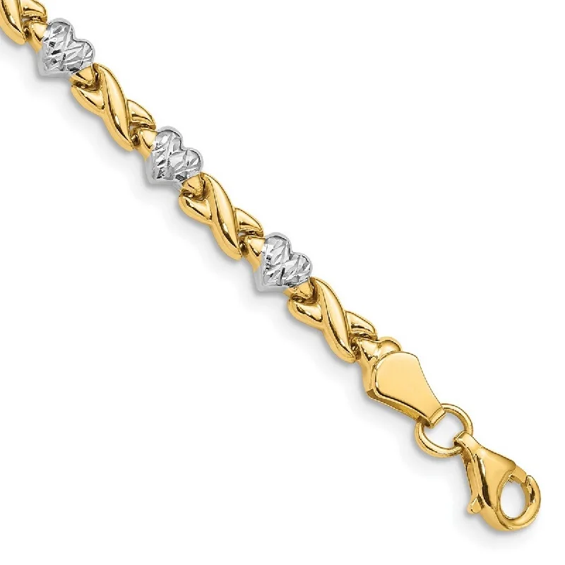 Ladies adjustable bracelet-Curata 10k Yellow Gold 7" Rhodium Polished Love Heart and X Bracelet