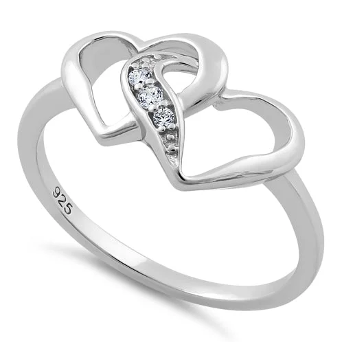 Ladies diamond eternity ring-Sterling Silver Double Heart CZ Ring