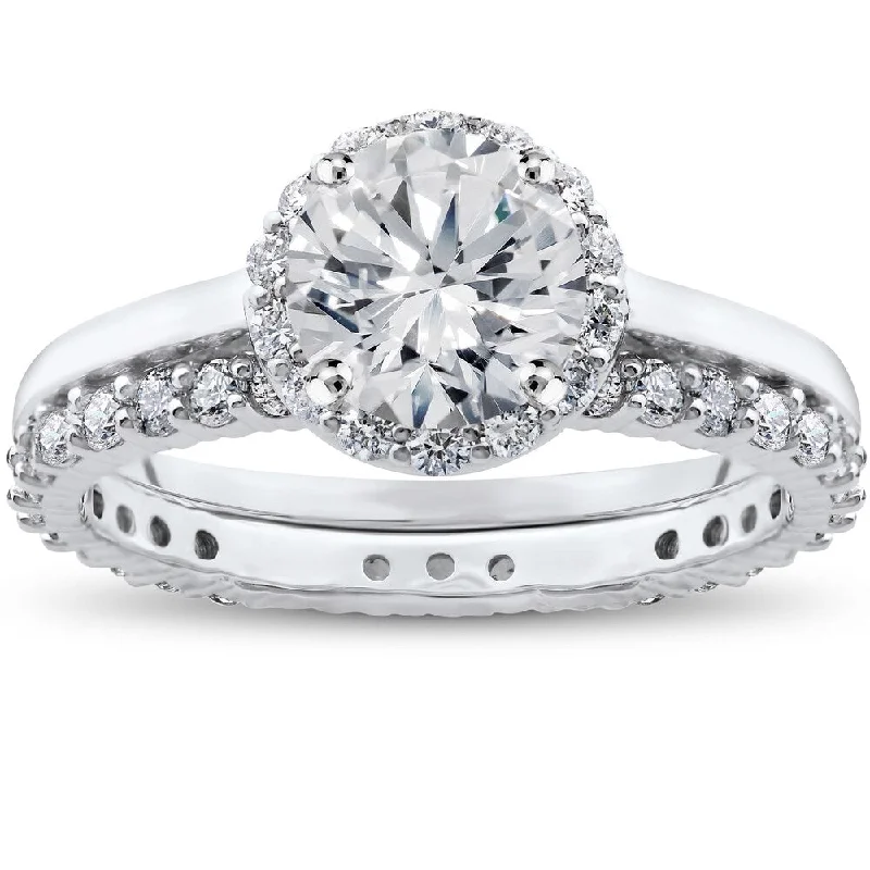 Ladies unique diamond engagement ring-14k White Gold 2 ct TDW Eco Freindly Lab Grown Diamond Madelyn Halo Engagement Ring & Eternity Ring Set (F-G, SI1-SI2)