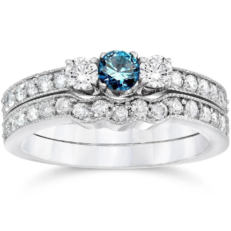 Ladies custom engagement ring with engraving-3/4ct Round Blue Diamond 3-Stone Engagement Ring Wedding Set White Gold