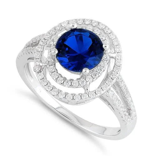 Ladies rose gold wedding ring-Sterling Silver Double Halo Round Blue Sapphire CZ Ring