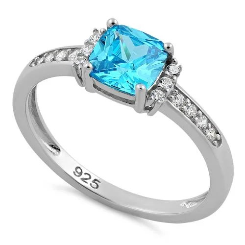 Ladies monogrammed ring-Sterling Silver Cushion Aqua Blue CZ Ring