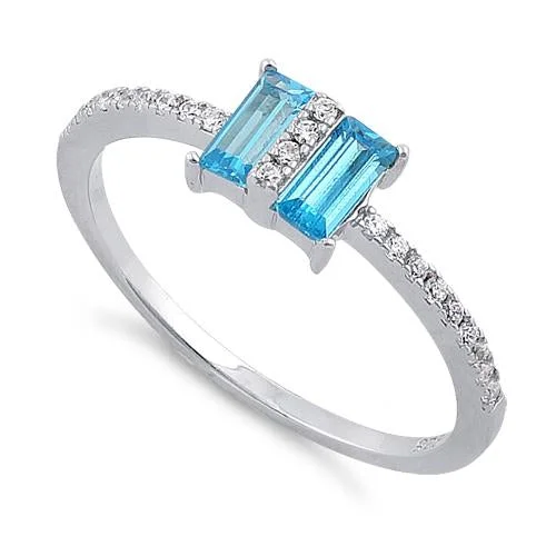 Ladies carved ring-Sterling Silver Double Baguette Straight Cut Blue Topaz & Clear CZ Ring