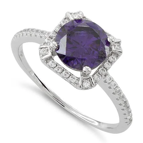 Ladies adjustable statement ring-Sterling Silver Amethyst Round Halo Pave CZ Ring