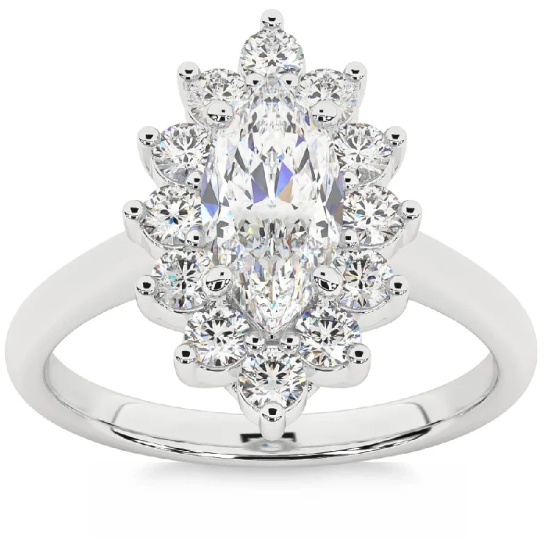 Ladies solitaire diamond engagement ring-1 1/2ct Marquise Diamond Halo Engagement Ring Gold Lab Grown