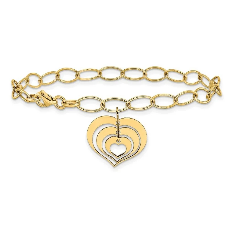 Ladies vintage bracelet-Curata 14k Yellow Gold 7" Polished Large Flat Heart Charm Link Bracelet