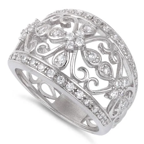 Ladies three-stone engagement ring-Sterling Silver Cage Cross Pave CZ Ring