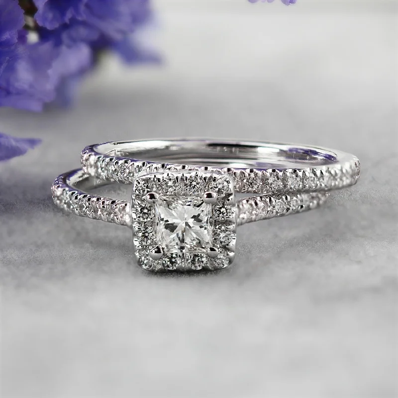 Ladies vintage style engagement ring-Auriya Platinum 1ctw Princess-cut Halo Diamond Engagement Ring Set