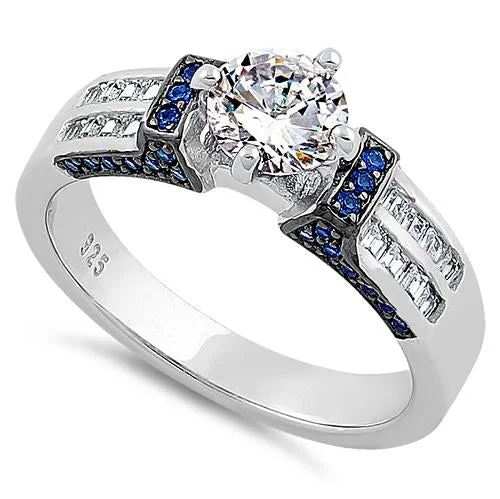 Ladies cubic zirconia ring-Sterling Silver Eloquent Round & Emerald Cut Clear & Blue Spinel CZ Ring