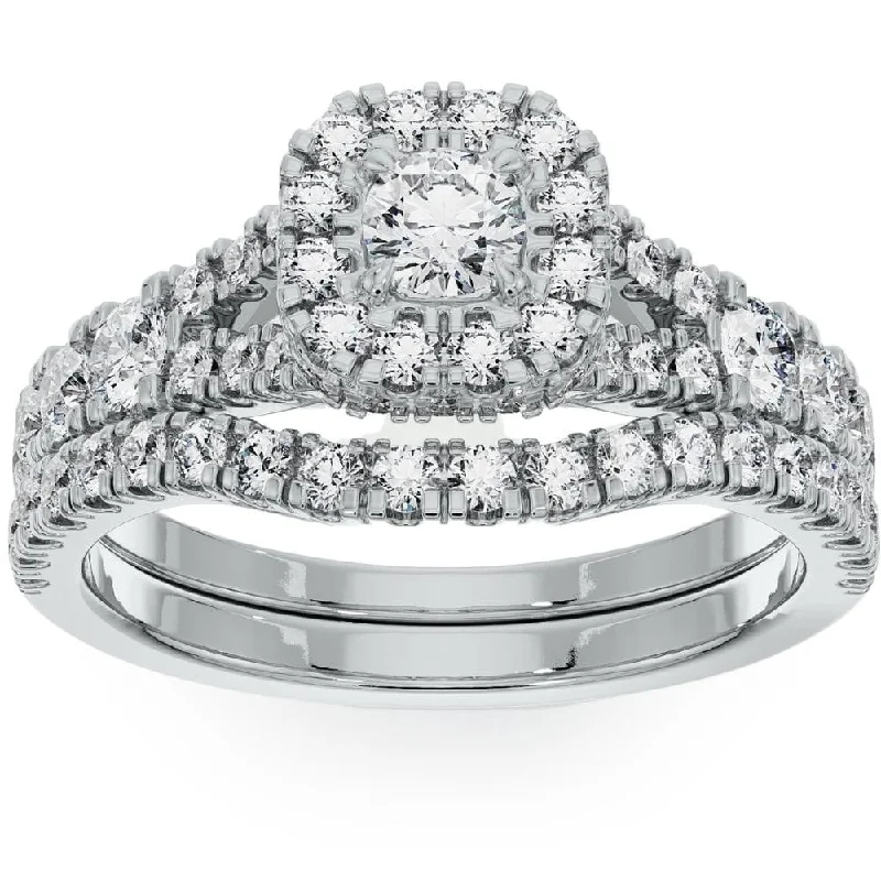 Ladies affordable engagement ring-1 1/4Ct Cushion Halo Diamond Engagement Wedding Ring Set in White or Yellow Gold