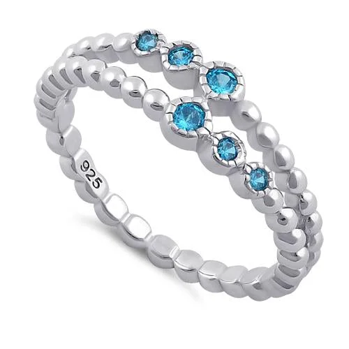 Ladies wedding ring set-Sterling Silver Double Beaded Aqua Blue CZ Ring