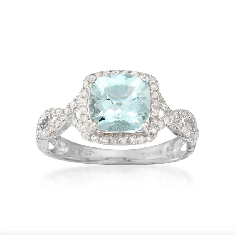 Ladies simple diamond engagement ring-14k White Gold Aquamarine and Diamond Cushion Engagement Ring, Size 7 - Blue