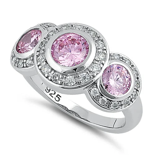 Ladies silver band ring-Sterling Silver Pink Three Stone Halo CZ Ring