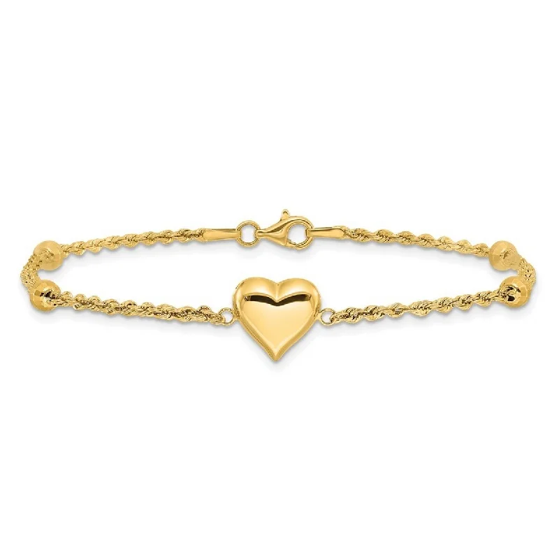 Ladies chunky bangle-Curata 14k Yellow Gold 7.75" 2.25mm Diamond Cut Beaded Puffed Heart Bracelet