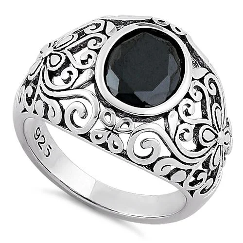 Ladies silver ring-Sterling Silver Plush Oval Cut Black CZ Ring