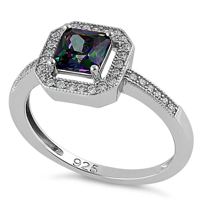 Ladies diamond wedding band-Sterling Silver Rainbow Topaz CZ Cushion Halo Ring