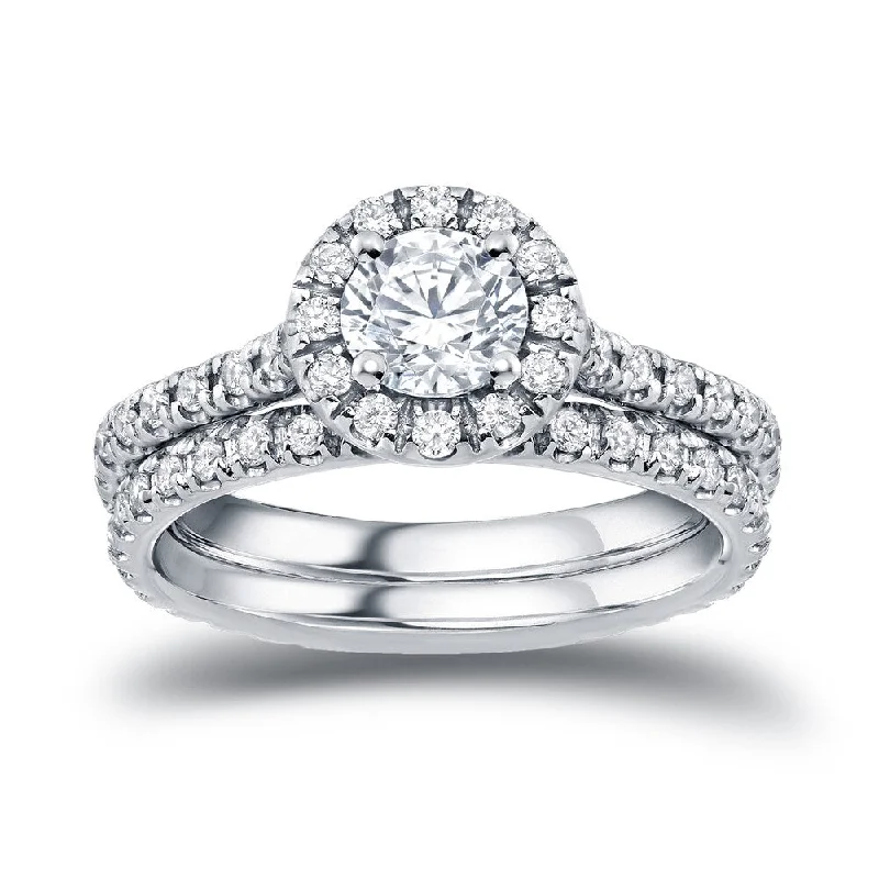 Ladies vintage-inspired engagement ring-Auriya Platinum 1 carat TW Round Halo Diamond Engagement Ring Set