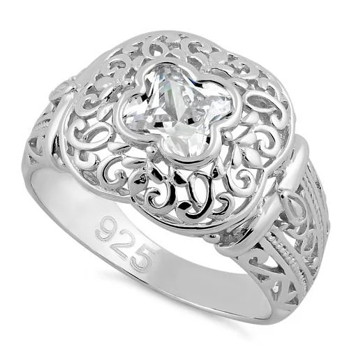 Ladies modern engagement ring-Sterling Silver Quatrefoil Clear CZ Ring