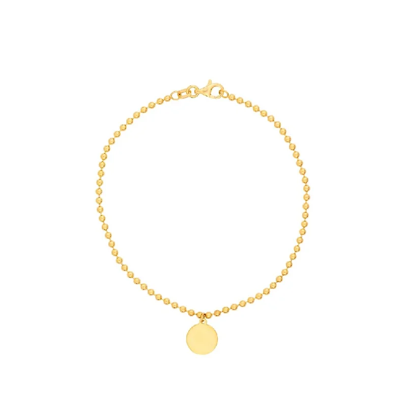 Ladies minimalist bracelet-Curata 14k Yellow Gold 7.5" Dangling Disc 2mm Beaded Chain Bracelet