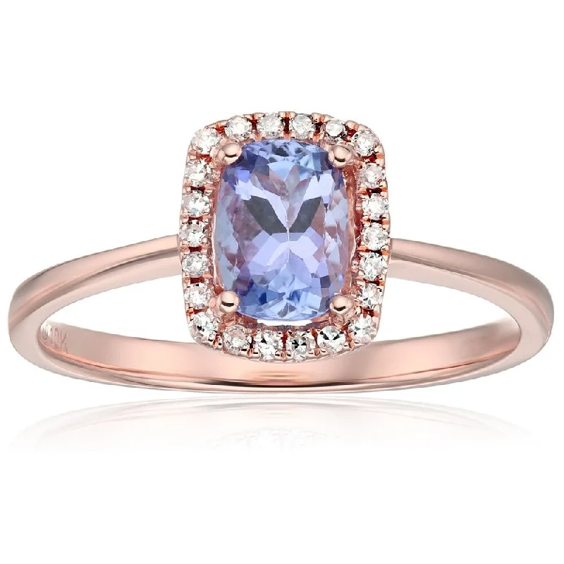 Ladies custom engagement ring with engraving-10k Rose Gold Tanzanite, Diamond Cushion Halo Engagement Ring, Size 7 - Blue