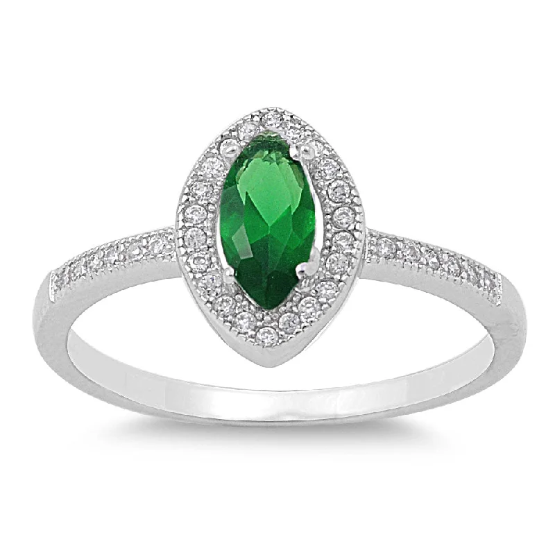 Ladies vintage diamond ring-Sterling Silver Emerald CZ Marquise Halo Ring