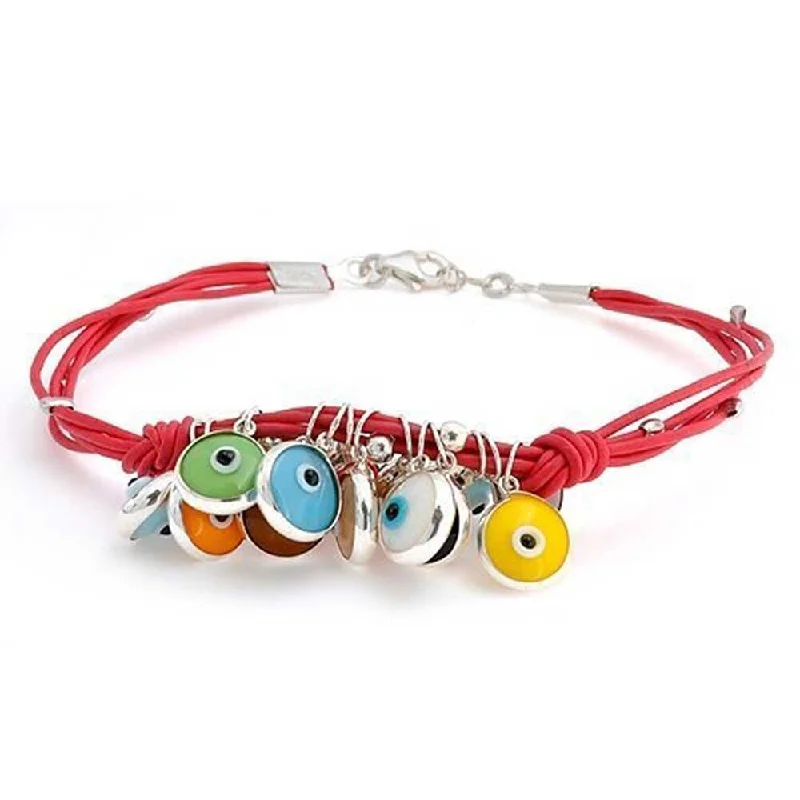 Ladies braided bracelet-Boho Leather Red Turkish Dangle Multi Color Evil Eye Charm Bracelet For Women Yellow Gold Plated Sterling Silver Adjustable