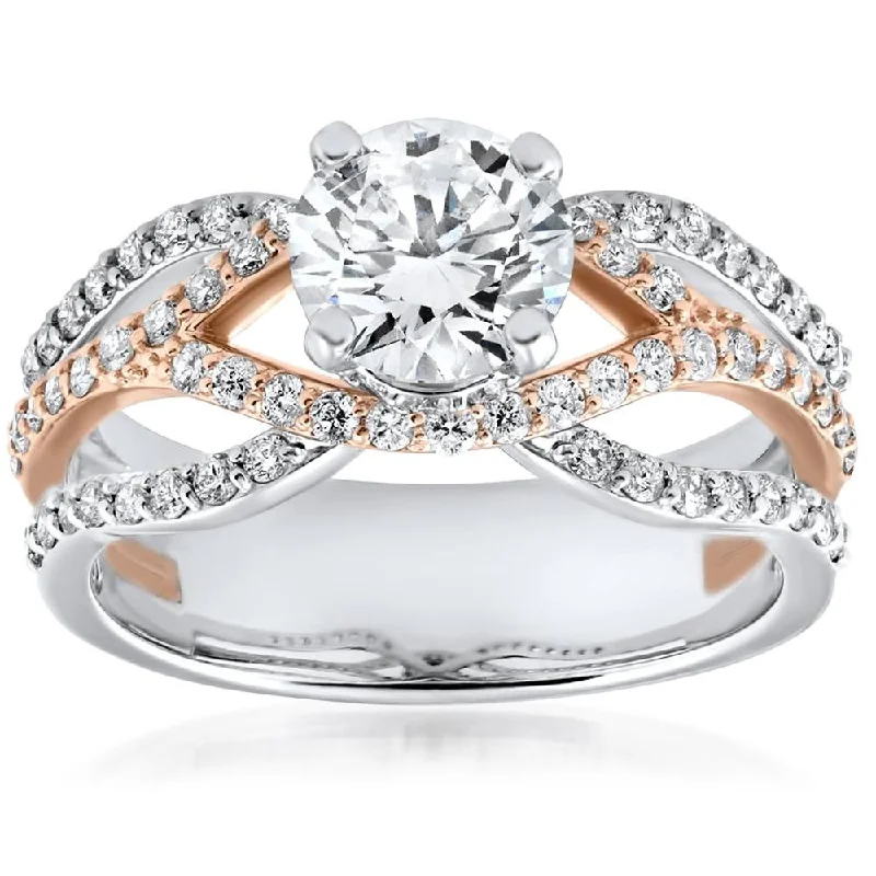 Ladies engagement ring with a split shank-1 3/4ct Diamond Multi Row 1ct Center Engagement Ring Rose Gold Enhanced