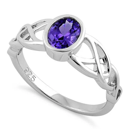 Ladies luxury engagement ring-Sterling Silver Oval Amethyst CZ Celtic Ring