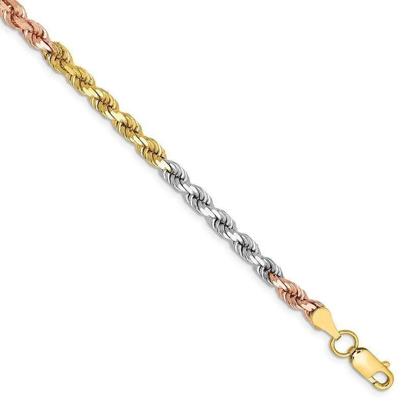 Ladies gemstone bangles-14k Tri-Color 4mm Diamond Cut Rope Bracelet