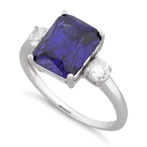 Ladies diamond ring set-Sterling Silver Triple Rectangular Tanzanite CZ Ring