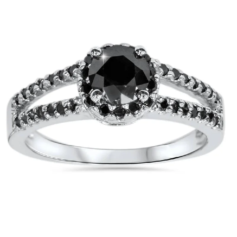 Ladies engagement ring with a solitaire diamond-2CT Black Diamond Split Shank Halo Engagement Ring White Gold